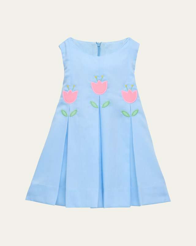 Girl's Pique Pleated Dress W/ Tulips, Size 2-6